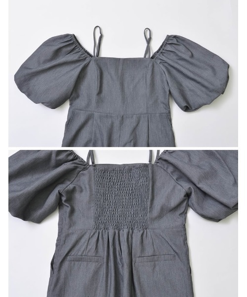 Re:EDIT（リエディ）の「[低身長サイズ有]ツイルバルーンスリーブオフショルオールインワン（つなぎ/オールインワン・レディース・グレー/ブラック・MEDIUM/LARGE/SHORT）」の14枚目の写真