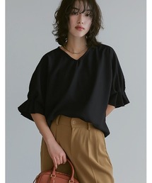 カットジョーゼットギャザースリーブトップス