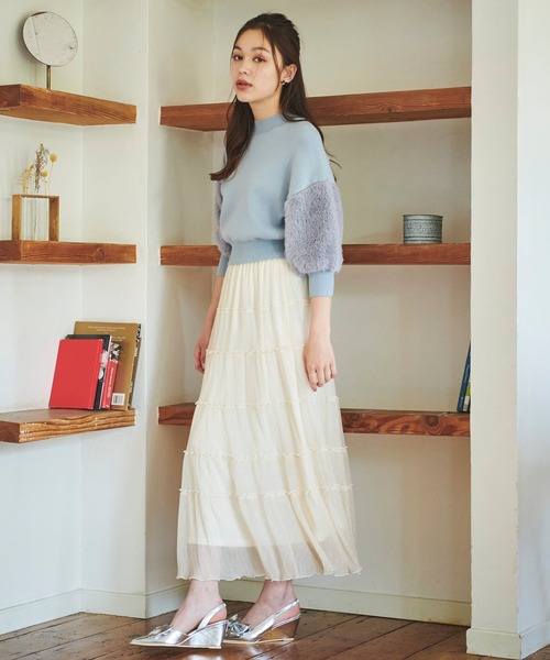 31 Sons de mode（トランテアン　ソン　ドゥ　モード）の「配色メロー楊柳ティアードスカート（スカート・レディース・サックスブルー/クリーム/ダークブラウン・フリー）」の4枚目の写真