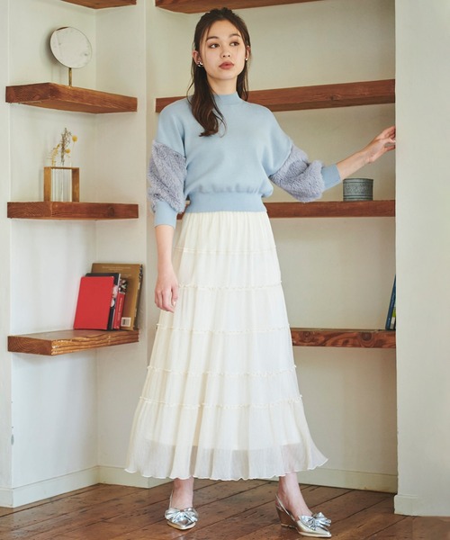 31 Sons de mode（トランテアン　ソン　ドゥ　モード）の「配色メロー楊柳ティアードスカート（スカート・レディース・サックスブルー/クリーム/ダークブラウン・フリー）」の6枚目の写真
