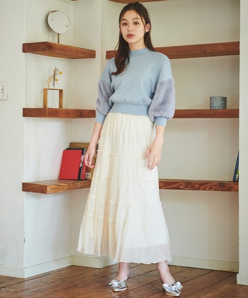 31 Sons de mode（トランテアン　ソン　ドゥ　モード）の「配色メロー楊柳ティアードスカート（スカート・レディース・サックスブルー/クリーム/ダークブラウン・フリー）」の7枚目の写真