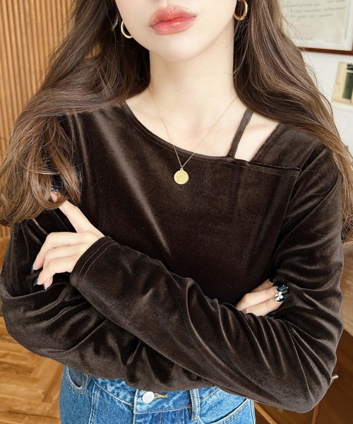 セール】アシンメトリーネックシャイニーベロアトップス（Tシャツ
