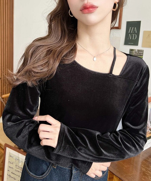 moment+（モーメントプラス）の「アシンメトリーネックシャイニーベロアトップス（Tシャツ/カットソー・レディース・ブラック/グレイッシュベージュ/チャコールグレー/ブラウン・M/L）」の9枚目の写真
