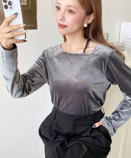 セール】アシンメトリーネックシャイニーベロアトップス（T