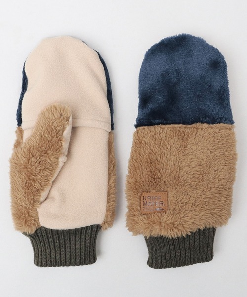 異素材切替 裏ボア フード付き ミトングローブ/手袋（ボア