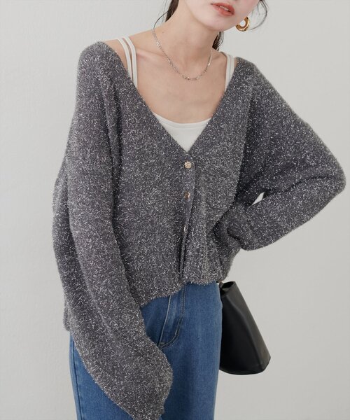 natural couture(ナチュラルクチュール)の「【WEB限定】ラメフェザーカーデ(カーディガン/ボレロ・レディース・ライトベージュ/グレイッシュベージュ/サックスブルー/チャコールグレー・FREE)」の1枚目の写真