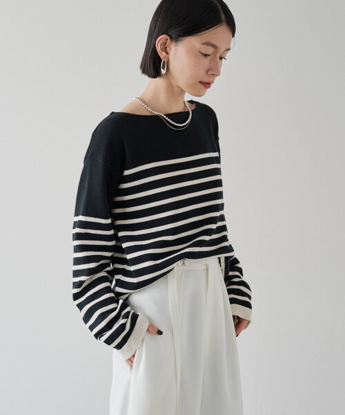 russet（ラシット）の「[日本製]ボーダースプリングニット(SW-206)（ニット/セーター・レディース・オフホワイト/ブラック・FREE）」の13枚目の写真