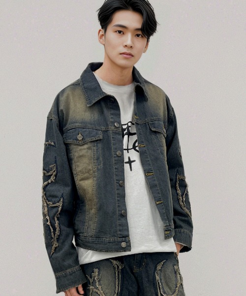 A‘gem 9(エージェムナイン)の「A'GEM/9 × .kom『FREEDEE/フリーディー』カットオフデニムジャケット(デニムジャケット・メンズ・ブラック/ブルー・M)」の1枚目の写真