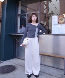 ワイドリブパンツ / ロング丈 ウエストゴム 細リブ シンプル カジュアル 韓国 リラックス 旅行 グレー アイボリー