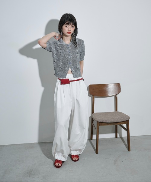 THE YOn(ザヨン)の「針抜きジャガードサマーニットポロカーデ(カーディガン/ボレロ・レディース・レッド/アイボリー/ブラック/オリーブ/グレー/ミント・FREE)」の13枚目の写真