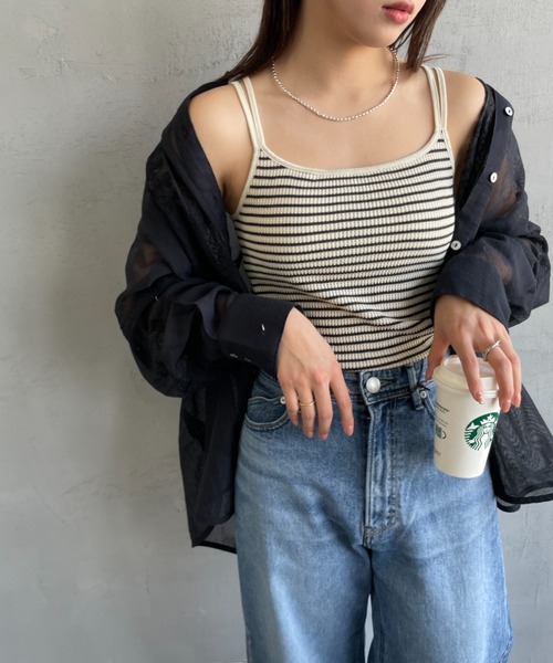TC華夫格條紋細肩帶背心 (含罩杯)