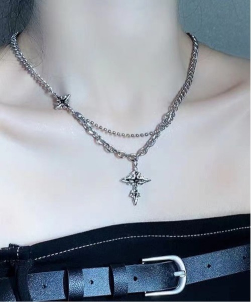 ミックスチェーンダブルクロスモチーフネックレス/ユニセックス Y2K