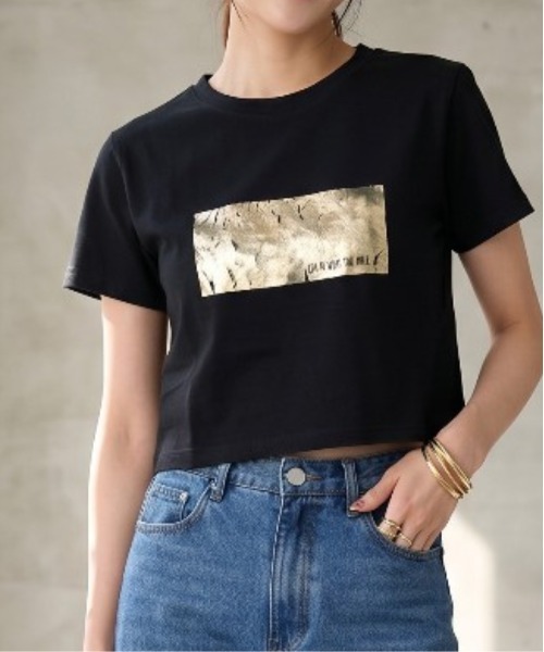 Per sist ence(パーシエンス)の「箔プリントショート丈Tシャツ(Tシャツ/カットソー・レディース・ホワイト×ピンク/ホワイト×シルバー/ブラック×シルバー/ホワイト×ゴールド/ブラック×ゴールド・ONE SIZE)」の5枚目の写真