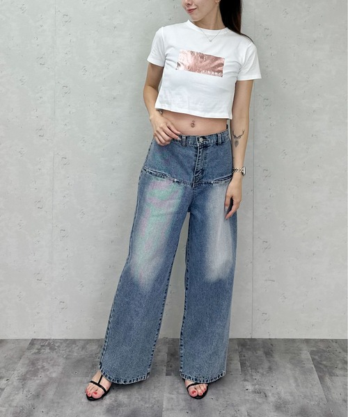 Per sist ence(パーシエンス)の「箔プリントショート丈Tシャツ(Tシャツ/カットソー・レディース・ホワイト×ピンク/ホワイト×シルバー/ブラック×シルバー/ホワイト×ゴールド/ブラック×ゴールド・ONE SIZE)」の8枚目の写真
