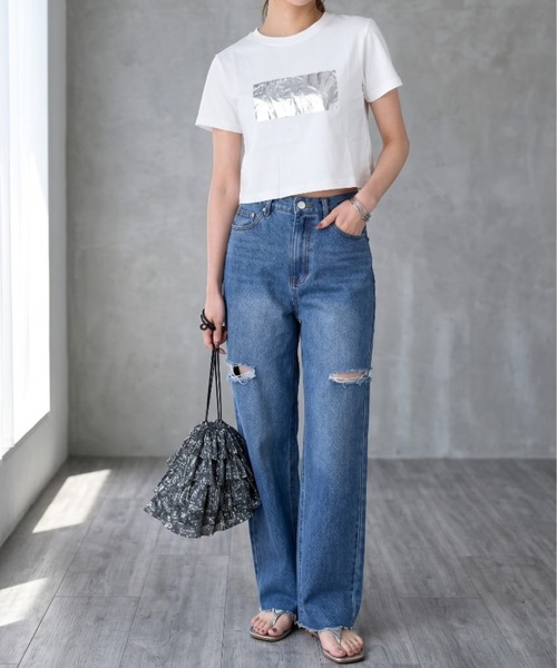 Per sist ence(パーシエンス)の「箔プリントショート丈Tシャツ(Tシャツ/カットソー・レディース・ホワイト×ピンク/ホワイト×シルバー/ブラック×シルバー/ホワイト×ゴールド/ブラック×ゴールド・ONE SIZE)」の18枚目の写真