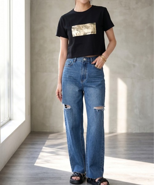 Per sist ence(パーシエンス)の「箔プリントショート丈Tシャツ(Tシャツ/カットソー・レディース・ホワイト×ピンク/ホワイト×シルバー/ブラック×シルバー/ホワイト×ゴールド/ブラック×ゴールド・ONE SIZE)」の20枚目の写真