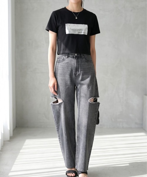 Per sist ence(パーシエンス)の「箔プリントショート丈Tシャツ(Tシャツ/カットソー・レディース・ホワイト×ピンク/ホワイト×シルバー/ブラック×シルバー/ホワイト×ゴールド/ブラック×ゴールド・ONE SIZE)」の22枚目の写真