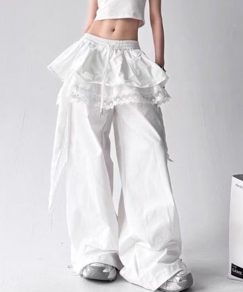 セール】レース付きレイヤード風ワイドパンツ - ホワイト（スウェット