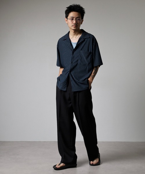 many men many mind(メニーメンメニーマインド)の「MANYMENMANYMINDS ジャガードストライプ開襟半袖シャツ(シャツ/ブラウス・メンズ・ネイビー/ベージュ/カーキ/ブラック・L/XL/M)」の21枚目の写真