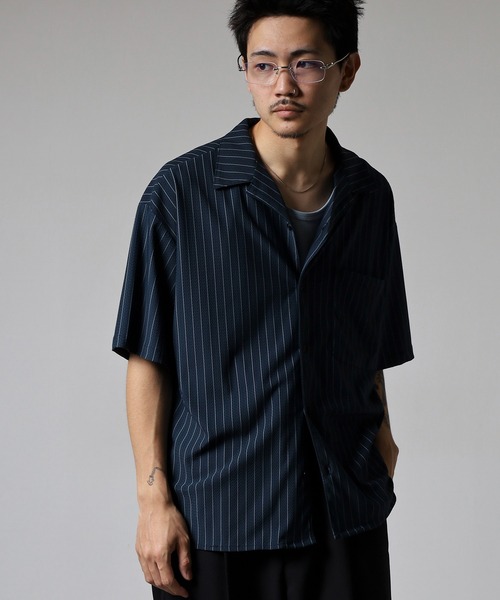 many men many mind(メニーメンメニーマインド)の「MANYMENMANYMINDS ジャガードストライプ開襟半袖シャツ(シャツ/ブラウス・メンズ・ネイビー/ベージュ/カーキ/ブラック・L/XL/M)」の18枚目の写真