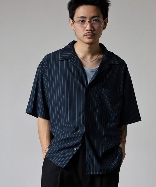 many men many mind(メニーメンメニーマインド)の「MANYMENMANYMINDS ジャガードストライプ開襟半袖シャツ(シャツ/ブラウス・メンズ・ネイビー/ベージュ/カーキ/ブラック・L/XL/M)」の19枚目の写真