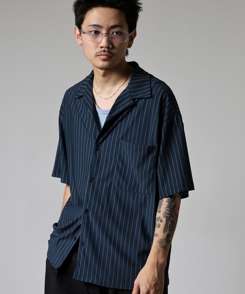 many men many mind(メニーメンメニーマインド)の「MANYMENMANYMINDS ジャガードストライプ開襟半袖シャツ(シャツ/ブラウス・メンズ・ネイビー/ベージュ/カーキ/ブラック・L/XL/M)」の20枚目の写真