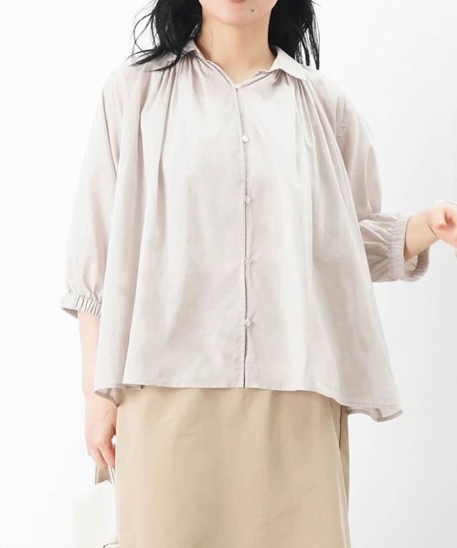 ブラウス シャツ LC/LLL 綿ローンギャザーブラウス/コットンスキッパーシャツ レディース セール】LC/LLL 綿ローンギャザーブラウス/コットンスキッパー