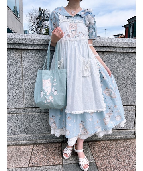 最終値下げ、新品タグつき、ピンクハウス、さざなみと猫ロングワンピース、紺 さざ波とねこプリントミディワンピース （ロング・マキシ丈