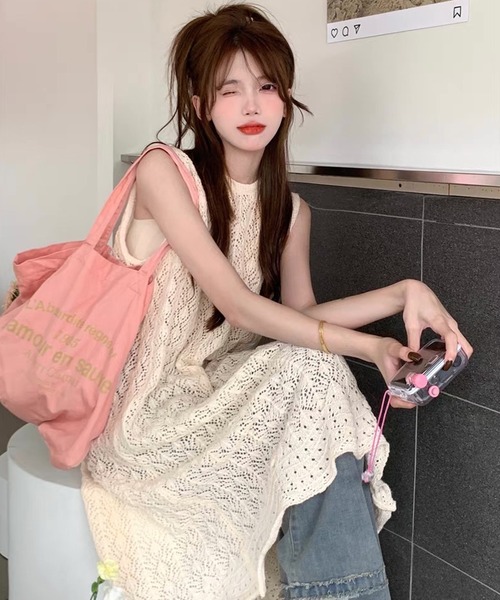 shopnikoniko（ショップニコニコ）の「ワンピース  ロング丈 夏 カジュアル クロシェ編み ニット 背中開き バックオープン ワンピ（ワンピース・レディース・ホワイト・フリー）」の16枚目の写真