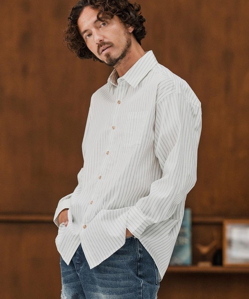 CAMBIO(カンビオ)の「ms6160-Stripe Oversized Regular Shirts シャツ(シャツ/ブラウス・メンズ・サックスブルー/ホワイト・S/M/L)」の4枚目の写真