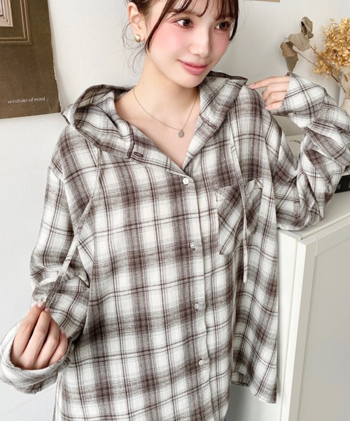 セール】フード付き長袖チェックシャツ（シャツ/ブラウス）｜moment+
