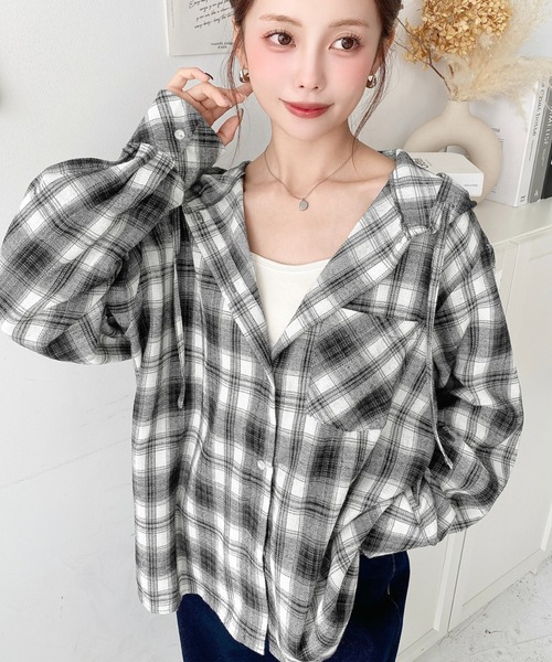 セール】フード付き長袖チェックシャツ（シャツ/ブラウス）｜moment+