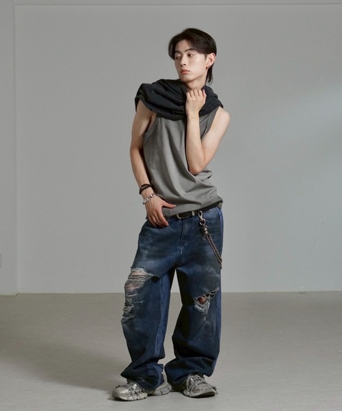 Chikashitsu +（チカシツプラス）の「【Chikashitsu +】dirty wash sleeveless / 【チカシツプラス】ダーティウォッシュタンクトップ（タンクトップ・メンズ・ブラック/グレー・ONE SIZE）」の18枚目の写真