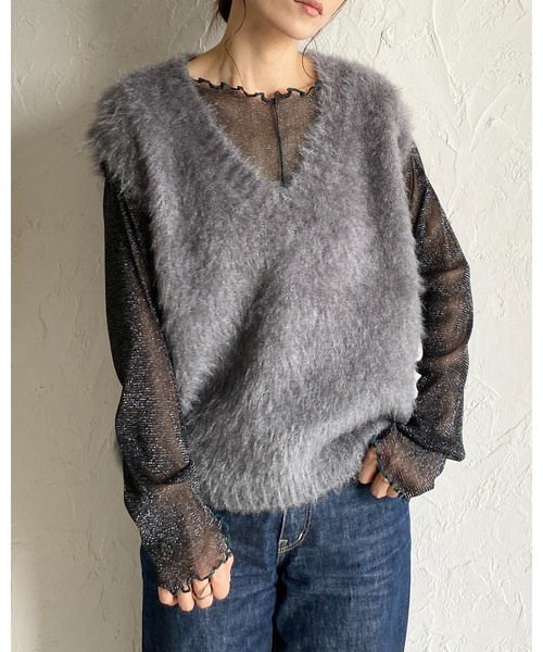 セール】深Vネックフェザーヤーンラメシャギーニットベスト（ベスト