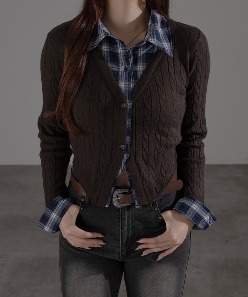 apres jour mignon（アプレジュールミニョン）の「ダブル襟カーディガン（カーディガン/ボレロ・レディース・ブラウン系その他/ネイビー/チャコールグレー/ボルドー/ライトグレー/モカ/ダークブルー・X-LARGE/フリー）」の16枚目の写真