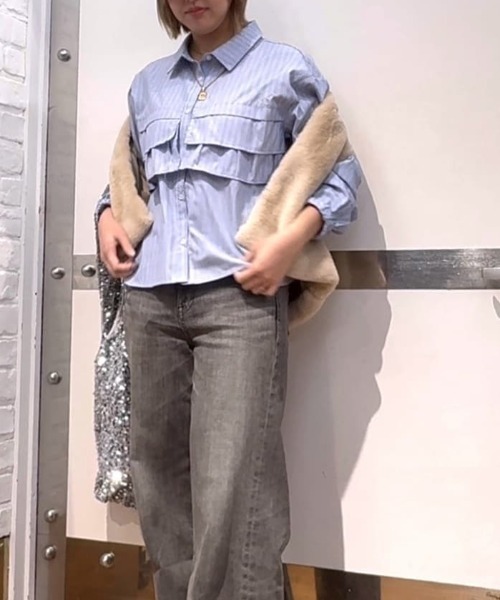 Mac-House（マックハウス）の「Idnes 華やかフリルが映えるストライプフリルシャツ（シャツ/ブラウス・レディース・ブルー/ラベンダー/ネイビー・M）」の13枚目の写真