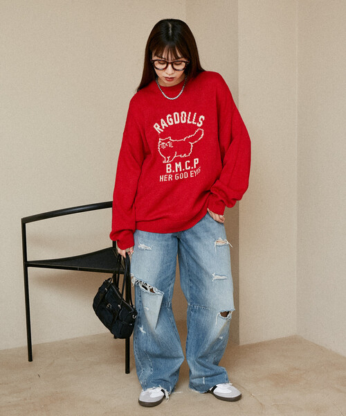 FREAK'S STORE(フリークスストア)の「PUBLUX/パブリュクス RAGDOLLS CAT ラグドール キャット ジャガードニット 限定展開(ニット/セーター・レディース・グレー/ブラック/ネイビー/レッド・SMALL/MEDIUM/LARGE)」の5枚目の写真