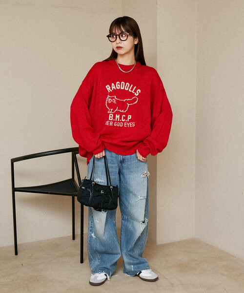 FREAK'S STORE(フリークスストア)の「PUBLUX/パブリュクス RAGDOLLS CAT ラグドール キャット ジャガードニット 限定展開(ニット/セーター・レディース・グレー/ブラック/ネイビー/レッド・SMALL/MEDIUM/LARGE)」の8枚目の写真