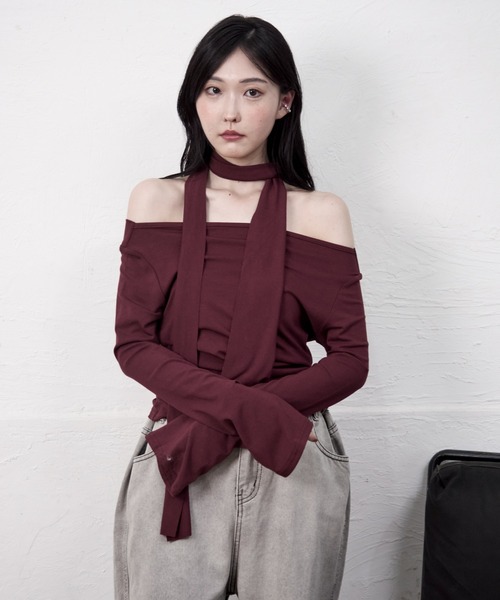 Y/lim(イリム)の「スリムマフラー付きドレープTシャツ(Tシャツ/カットソー・レディース・ブラック/レッド/オフホワイト/グレー・FREE)」の21枚目の写真