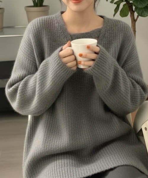 cammie(キャミー)の「ネックデザインニットトップス(ニット/セーター・レディース・アイボリー/グレー・L/M)」の8枚目の写真