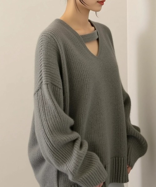 cammie(キャミー)の「ネックデザインニットトップス(ニット/セーター・レディース・アイボリー/グレー・L/M)」の10枚目の写真