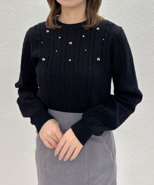 MISCH MASCH（ミッシュマッシュ）の「バックリボンビジューケーブルニット（ニット/セーター・レディース・ラベンダー/ホワイト/ブラック・ﾌﾘ-）」の7枚目の写真