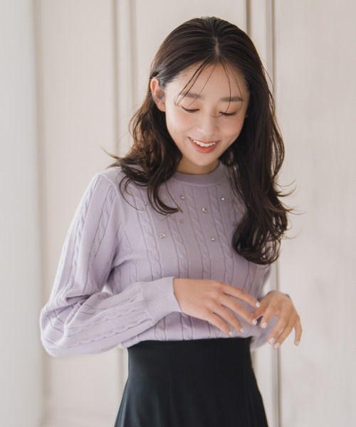 MISCH MASCH（ミッシュマッシュ）の「バックリボンビジューケーブルニット（ニット/セーター・レディース・ラベンダー/ホワイト/ブラック・ﾌﾘ-）」の14枚目の写真