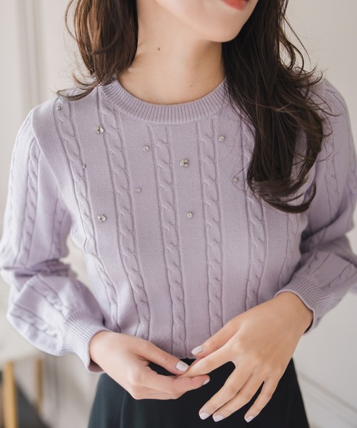 MISCH MASCH（ミッシュマッシュ）の「バックリボンビジューケーブルニット（ニット/セーター・レディース・ラベンダー/ホワイト/ブラック・ﾌﾘ-）」の17枚目の写真