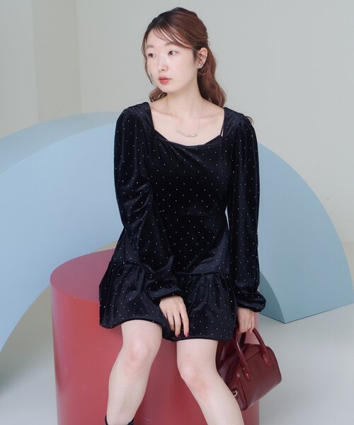 セール】【結婚式/オケージョン】ベロアスタッズミニワンピース