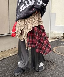 レース×チェックイレヘムミドルスカート
