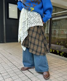 レース×チェックイレヘムミドルスカート
