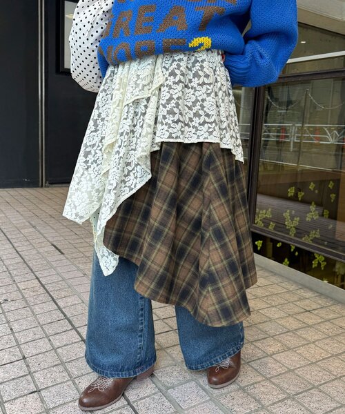 CIAOPANIC（チャオパニック）の「レース×チェックイレヘムミドルスカート（スカート・レディース・レッド/グリーン/ブルー・ONE SIZE）」の4枚目の写真