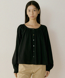 stripe shirring volume blouse-black
