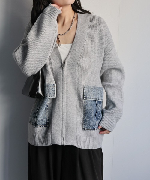ap retro(アプレトロ)の「デニムポケットVネックニットカーディガン / ZIPカーディガン(カーディガン/ボレロ・レディース・グレー/ブラック/ベージュ・FREE)」の18枚目の写真